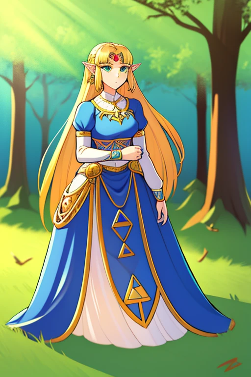 princess zelda,  1girl,  bangs, blonde hair, breasts, bridal gauntlets, closed mouth, expressionless, from side, green eyes, highres, jewelry, long hair, long sleeves, nintendo, outdoors, own hands together, pointy ears, ring, small breasts, solo, standing, the legend of zelda, tree, triforce print, blue shirt and black pants, (bottom heavy:1.9)