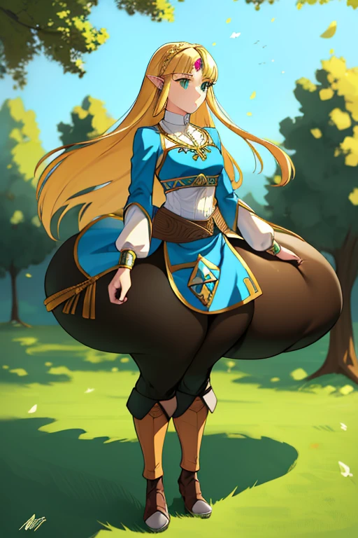 princess zelda, 1girl, bangs, blonde hair, breasts, bridal gauntlets, closed mouth, expressionless, from side, green eyes, highres, jewelry, long hair, long sleeves, nintendo, outdoors, own hands together, pointy ears, ring, small breasts, solo, standing, the legend of zelda, tree, triforce print, blue shirt and black pants, (bottom heavy:1.9)