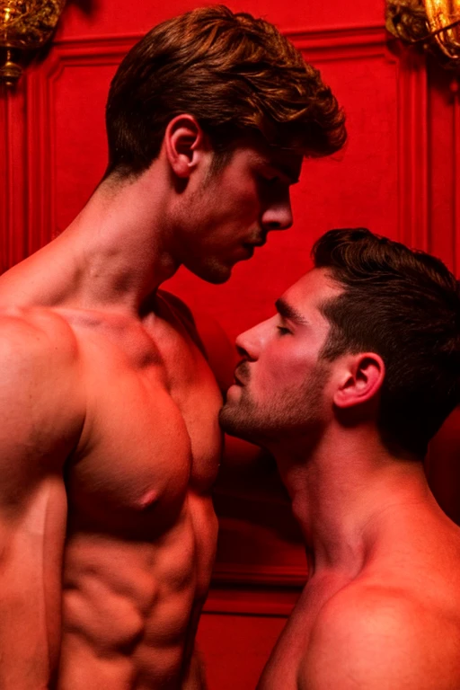 Romantic scene, two boys, in a red room, baroque room, romantic kiss, beautiful boy, handsome, shirtless, naked torso, muscular, sensuality, ultra detailed, face to face, close to reality, cinemactic