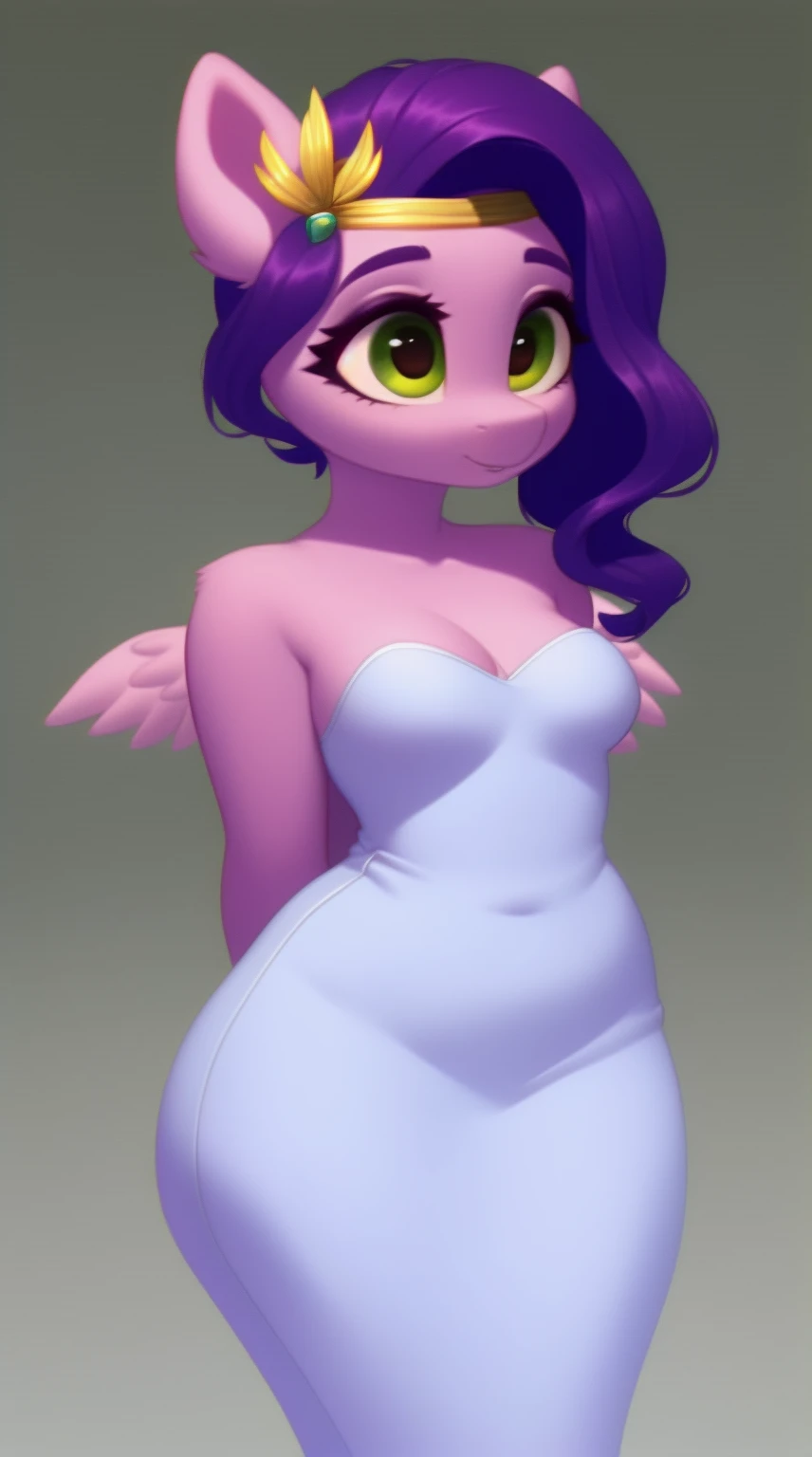 (Derpibooru_p_95)(score_9), (source_pony), (solo), (pegasus), ((anthro pipp petals :1.1)), (strapless bodycon dress), sexy, nervous , long hair, anatomically correct, night garden, standing near fountain, small breasts, half body, anime art style, solo, light purple fur, green eyes, arms behind back, hourglass figure, curvy, wide hips, plump body, young, short, chubby, cute, high res, thick thighs,