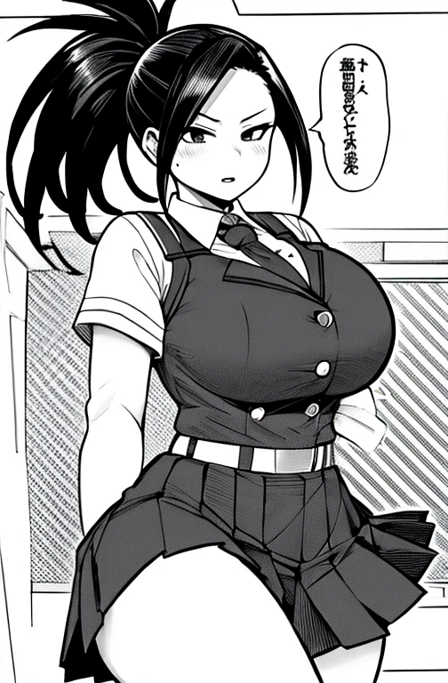 horikoshi kouhei , absurdres, boku no hero academia, highres,  solo, yaoyorozu momo, school uniform, big breasts, ponytail