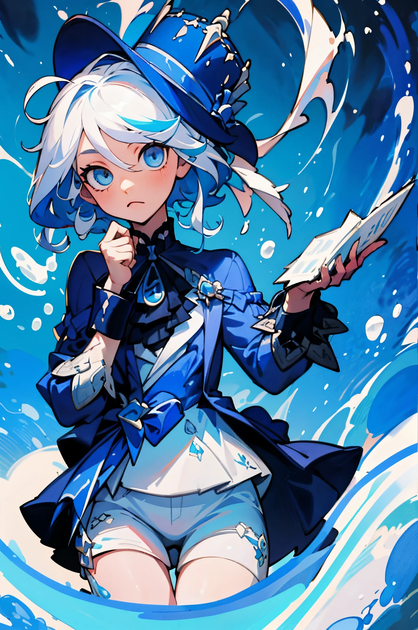 （best qualtiy，tmasterpiece，aquarelle，Splash ink），1 beautiful and delicate portrait of a girl，Playful and cutewhite hair, blue eyes, blue clothes, blue hat (((fullbody)))