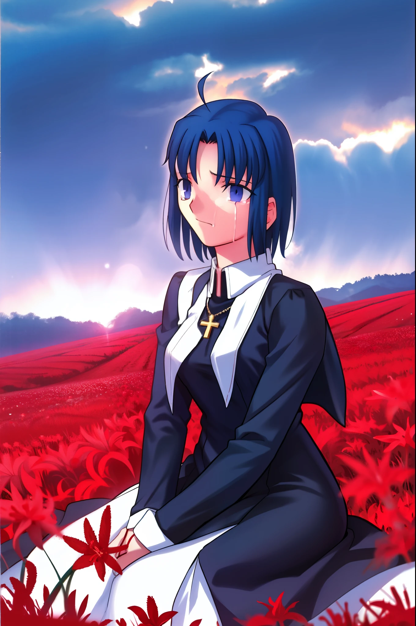 ciel_(tsukihime), Best quality, masterpiece, high resolution, cowboy shot, 1girl, solo, long sleeves black dress, blood, looking up, looking away, sad, looking at viewer, tearing up, tears, crying, crying with eyes, antenna hair, ahoge, closed mouth, praying, own hands together, own hands clasped, fingernails, breasts, medium breasts, croscross, latin cross, cross, holding, holding, seiza, s necklace, nun, habit open, sitting, outdoors, sky, field, flower, flower field, red flower, white flower, spider lily, white spider lily, light particles, cloud, cloudy sky,