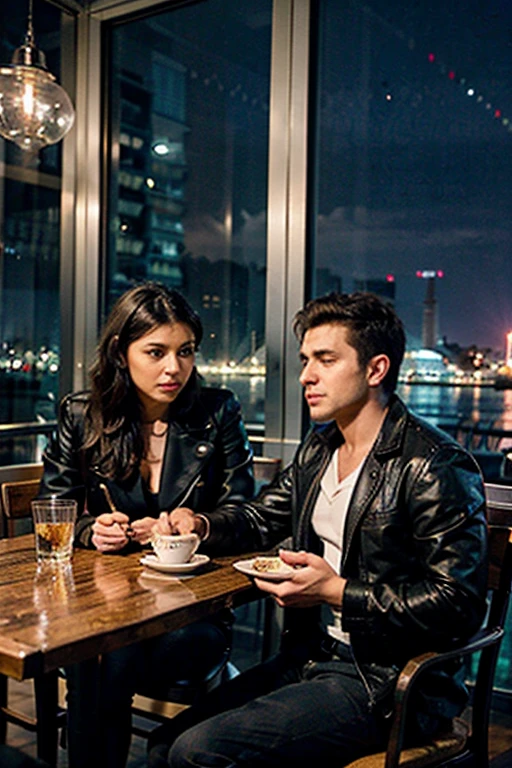 color photo of a handsome, muscular man wearing a coat, sitting in a cafe by the Istanbul Bosphorus at night. He is accompanied by a stunningly attractive woman who is shorter than him. In the background, the majestic Istanbul Bosphorus is visible, with its shimmering waters and illuminated cityscape. The photo is incredibly realistic, capturing a unique moment where both the man and the woman are looking directly at the camera. A waiter, playing the role of the photographer, adds an unexpected twist to the scene. The night setting adds an element of mystery and allure to the photo. —c 10 —ar 2:3