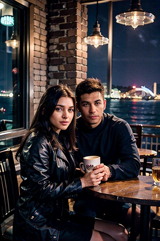color photo of a handsome, muscular man wearing a coat, sitting in a cafe by the Istanbul Bosphorus at night. He is accompanied by a stunningly attractive woman who is shorter than him. In the background, the majestic Istanbul Bosphorus is visible, with its shimmering waters and illuminated cityscape. The photo is incredibly realistic, capturing a unique moment where both the man and the woman are looking directly at the camera. A waiter, playing the role of the photographer, adds an unexpected twist to the scene. The night setting adds an element of mystery and allure to the photo. —c 10 —ar 2:3