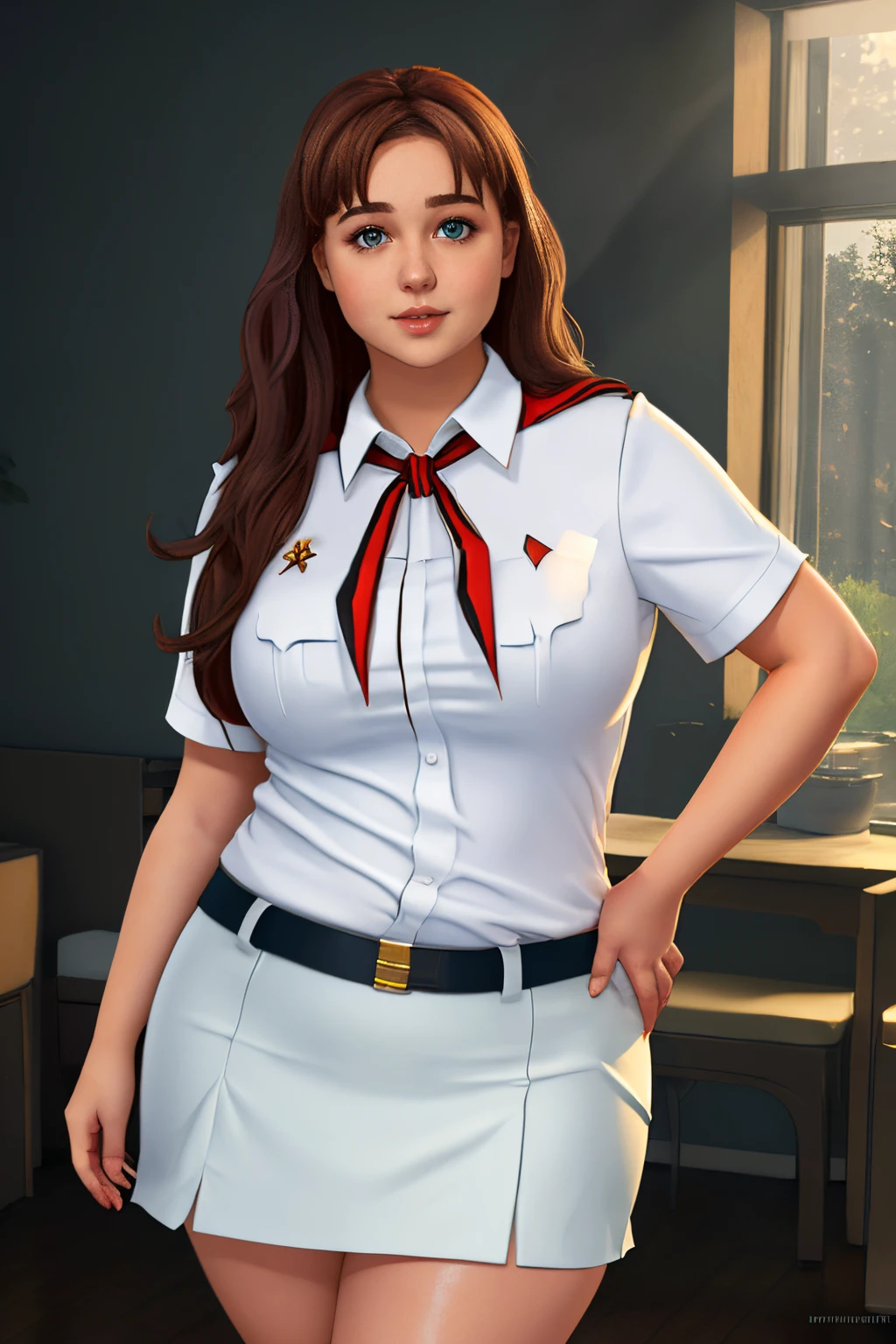 masterpiece, (photorealistic), (8k wallpaper) , (best quality), perfect quality, solo, (detailed eyes:0.9), girl, Olga Dmitrievna, red hair, eating donut, small smile, very young, face : (very young, European, very beautiful face, young). figure : (very full figure, curvy, very plump, very chubby, very chubby belly, love handles, muffin top,very soft, very thick, sexy, sexy pose, fat, fat rolls, belly rolls, very fat hips, belly bulge, fat ass, fat thighs). clothes: ( short tight miniskirt, tight uniform, very tight shirt).