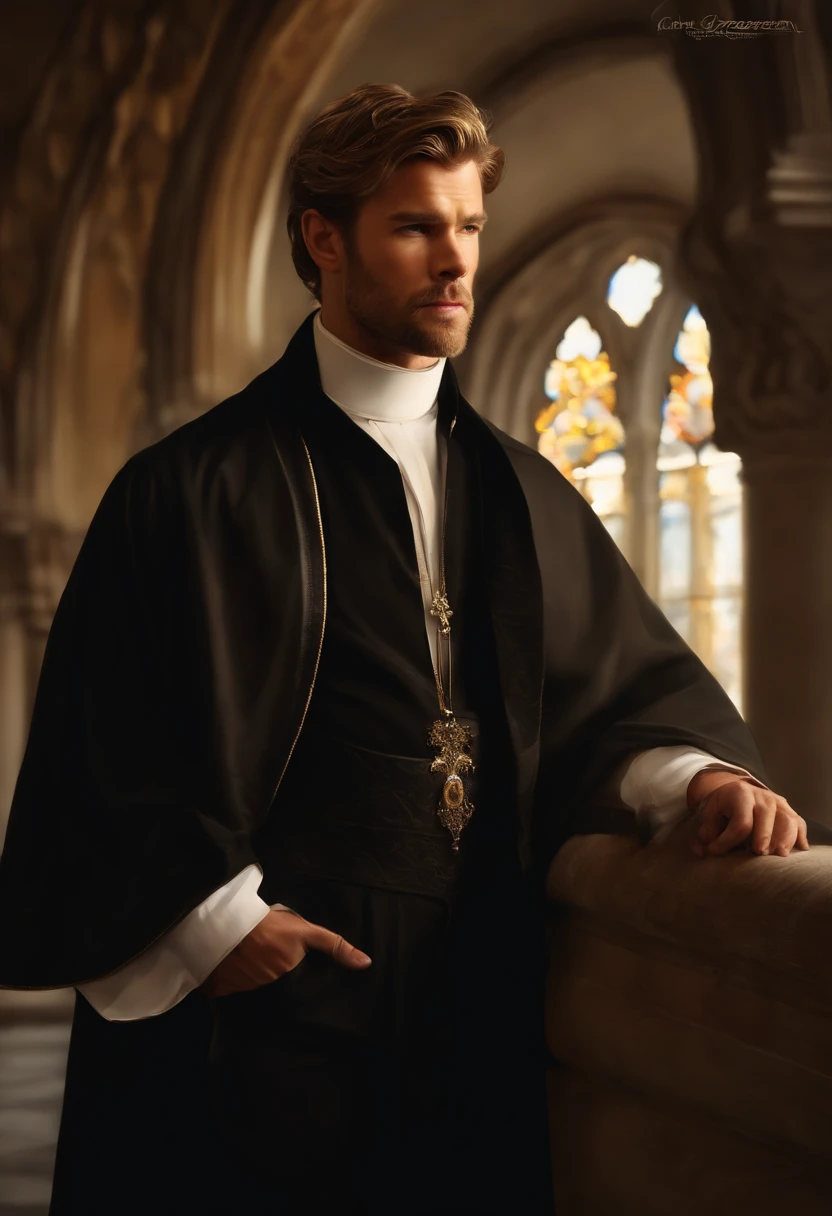 Painting of a Man, handsome and masculine, ((with long, falling over his shoulders)) ((with the cassock of a Victorian Era Priest)), ((Priest, from the Victorian Era)), (( a Priest)), ( (Chris Hemsworth style)), in the background of a Spanish church, Bowater art style, Baroque digital painting, Renaissance digital painting, masterpiece! inspired by Franz Xaver Winterhalter, inspired by Friedrich von Amerling, beautiful character painting, beautiful digital painting, inspired by Thomas Lawrence, beautiful yywater painting, refraction, reflections, mirrors, prisms, sunlight, bright lights!! Complex, elegant, highly detailed digital painting, art station, concept art, sharp and soft focus, illustration, art by ( ( ( ( Artgerm ) ) ) ) and ( Greg Rutkowski )! and (((Alphonse Mucha))), looking at the camera, eyes reflecting in infinity