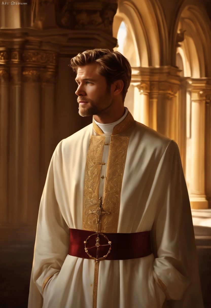 Painting of a Man, handsome and masculine, ((with long, falling over his shoulders)) ((with the cassock of a Victorian Era Priest)), ((Priest, from the Victorian Era)), (( a Priest)), ( (Chris Hemsworth style)), in the background of a Spanish church, Bowater art style, Baroque digital painting, Renaissance digital painting, masterpiece! inspired by Franz Xaver Winterhalter, inspired by Friedrich von Amerling, beautiful character painting, beautiful digital painting, inspired by Thomas Lawrence, beautiful yywater painting, refraction, reflections, mirrors, prisms, sunlight, bright lights!! Complex, elegant, highly detailed digital painting, art station, concept art, sharp and soft focus, illustration, art by ( ( ( ( Artgerm ) ) ) ) and ( Greg Rutkowski )! and (((Alphonse Mucha))), looking at the camera, eyes reflecting in infinity