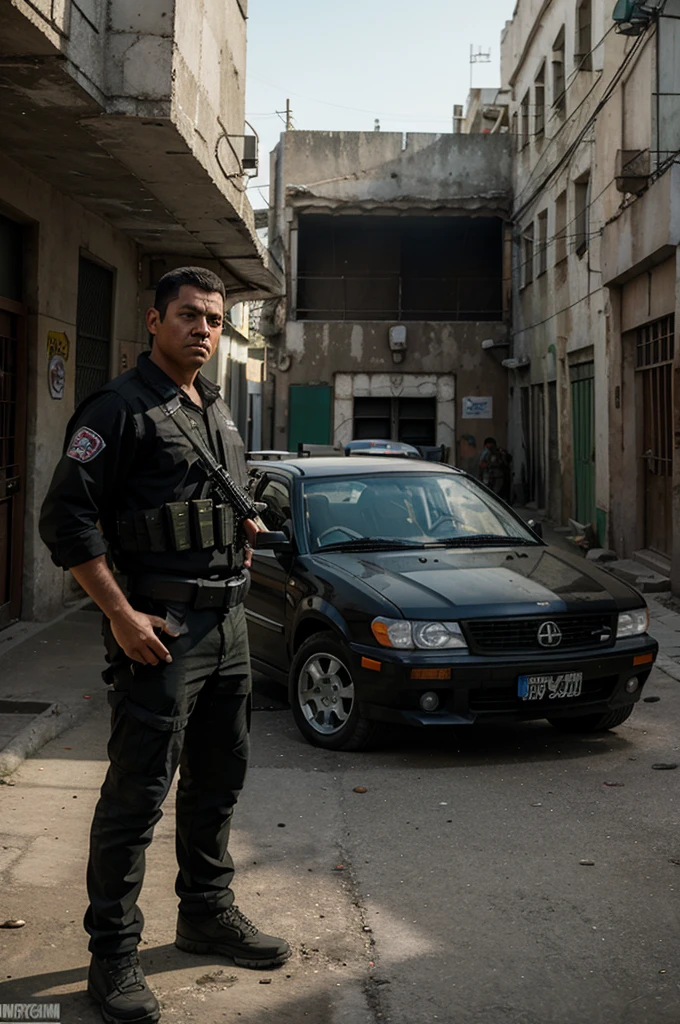 Airsoft player in the style of Grand Theft Auto from Mexico, standing close a car in Mexico city, let the background be like Mexico