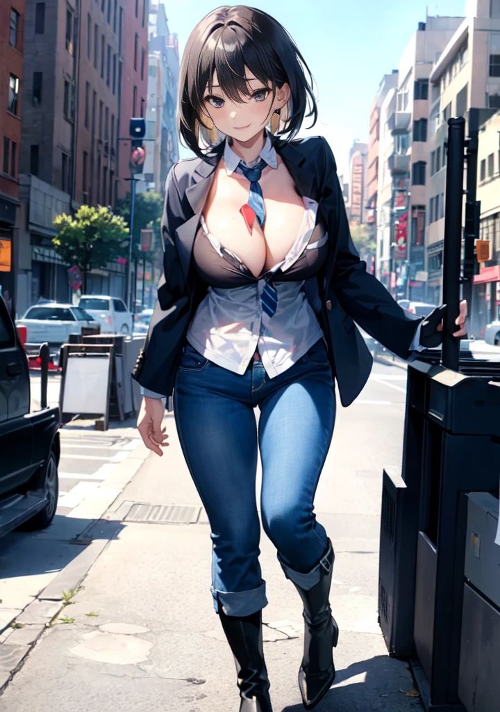 {nsfw}+++(1girl, solo female, solo, solo focus, milf, big breast,) pelvic_curtain, revealing clothes, cleavage, cameltoe, brown_hair, jacket, gloves, 1girl, sky, necktie, yellow_neckwear, riding, shirt, outdoors, vest, bangs, day, sexy police milf, smile, white_shirt, blue_sky, standing, dress_shirt, shoes, short_hair, blue_jacket, city, from_side, looking_down, headwear_removed, straddling, oldschool, black_footwear, patlabor_uniform fro sexy milf policewoman, gun, blue_background, shadow, white_gloves, mecha, science_fiction, blue_pants, boots, bowtie, holding, looking_away, open_clothes, black_neckwear, closed_mouth, sexy milf police woman, open_jacket, blazer, wing_collar, cloud, looking_afar,