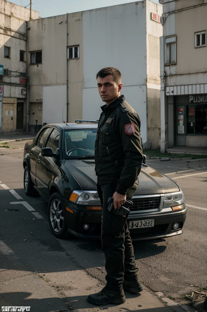 Airsoft player in the style of Grand Theft Auto from Moldova, standing close a car in Moldova city, let the background be like Moldova