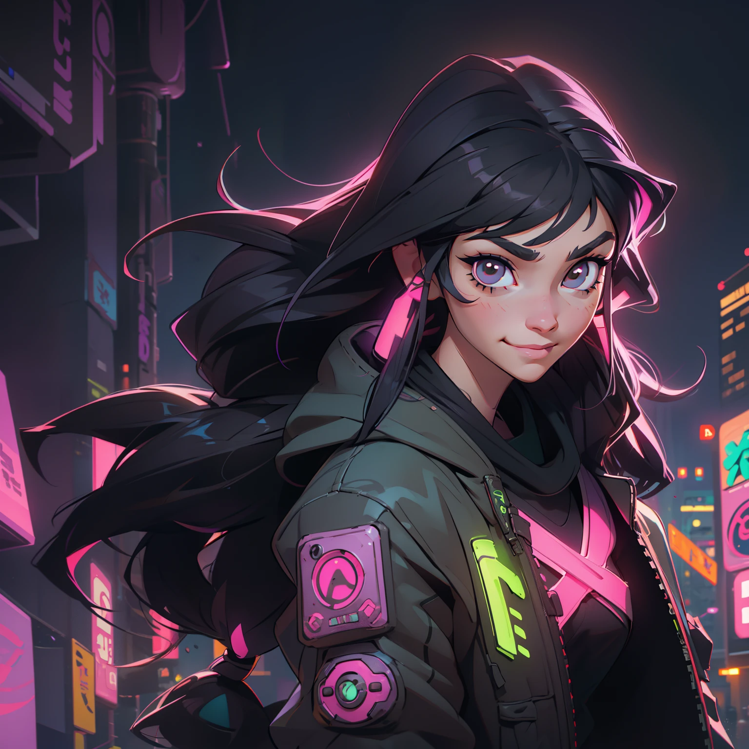 Create a girl with long messy black hair and brown eyes, smiling, gamer, monitor, night time, good quality, perfect anatomy, 8k, masterpiece, by (Holaxes), long hair, messy hair, neon, headphones, cyberpunk, neon purple, neon yellow, cyberwave, best Character Design