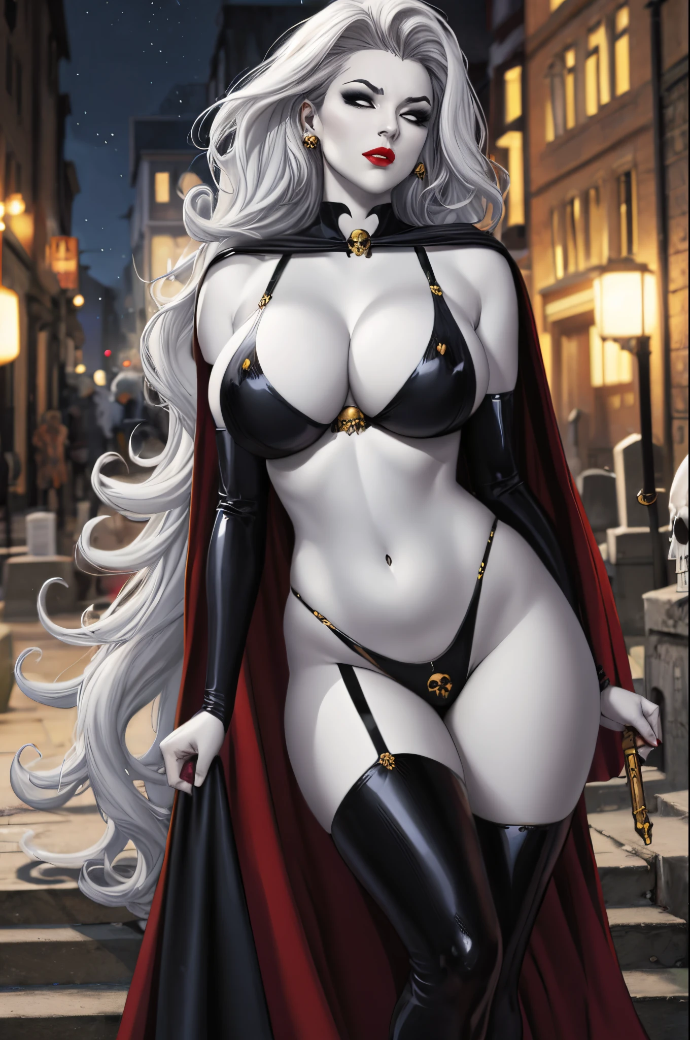 foreshortening,  CARTOON_lady_death_bikini_ownwaifu,.ownwaifu.com, angry, 
mascara, blank_eyes,long hair,breasts,white hair,makeup,colored skin,navel,lipstick,large breasts,wavy hair,white skin,lips,curly hair,red lips,very long hair,toned, narrow_waist, curvy,pale skin, thick_eyelashes, thick eyebrows, big hair, 
thighhighs,cape,cleavage,jewelry,earrings,garter straps,garter belt,gloves,piercing,red cape,blood,elbow gloves,armor,black legwear,collar,thong,black bikini,skull earrings, highleg, 
 official art,extremely detailed CG unity 8k wallpaper, perfect lighting,Colorful, Bright_Front_face_Lighting,shiny skin, (masterpiece:1.0),(best_quality:1.0), ultra high res,4K,ultra-detailed, photography, 8K, HDR, highres, (absurdres:1.2), Kodak portra 400, film grain, blurry background, (bokeh:1.2), lens flare, (vibrant_color:1.2),professional photograph, (beautiful_face:1.5) graveyard at night, cemetary, full moon, sexy