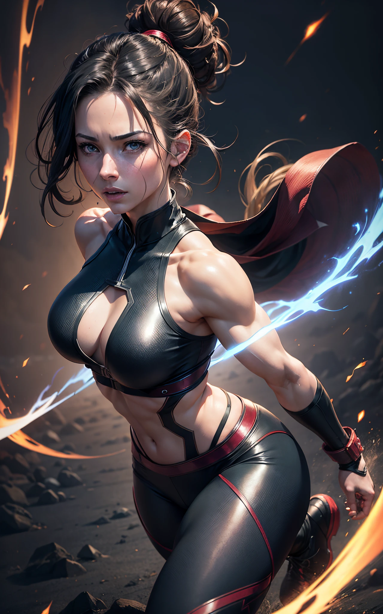 (Emily rudd:Evangeline Lilly) kunoichi coming out of a magical portal of darkness, hyperdetailed, trending on artstation, daggers in the hands, (perfect hands), hair up in a bun, action pose, anime waifu style, By David Benzal, fitness body, dark fantasy background, hdr,8k,