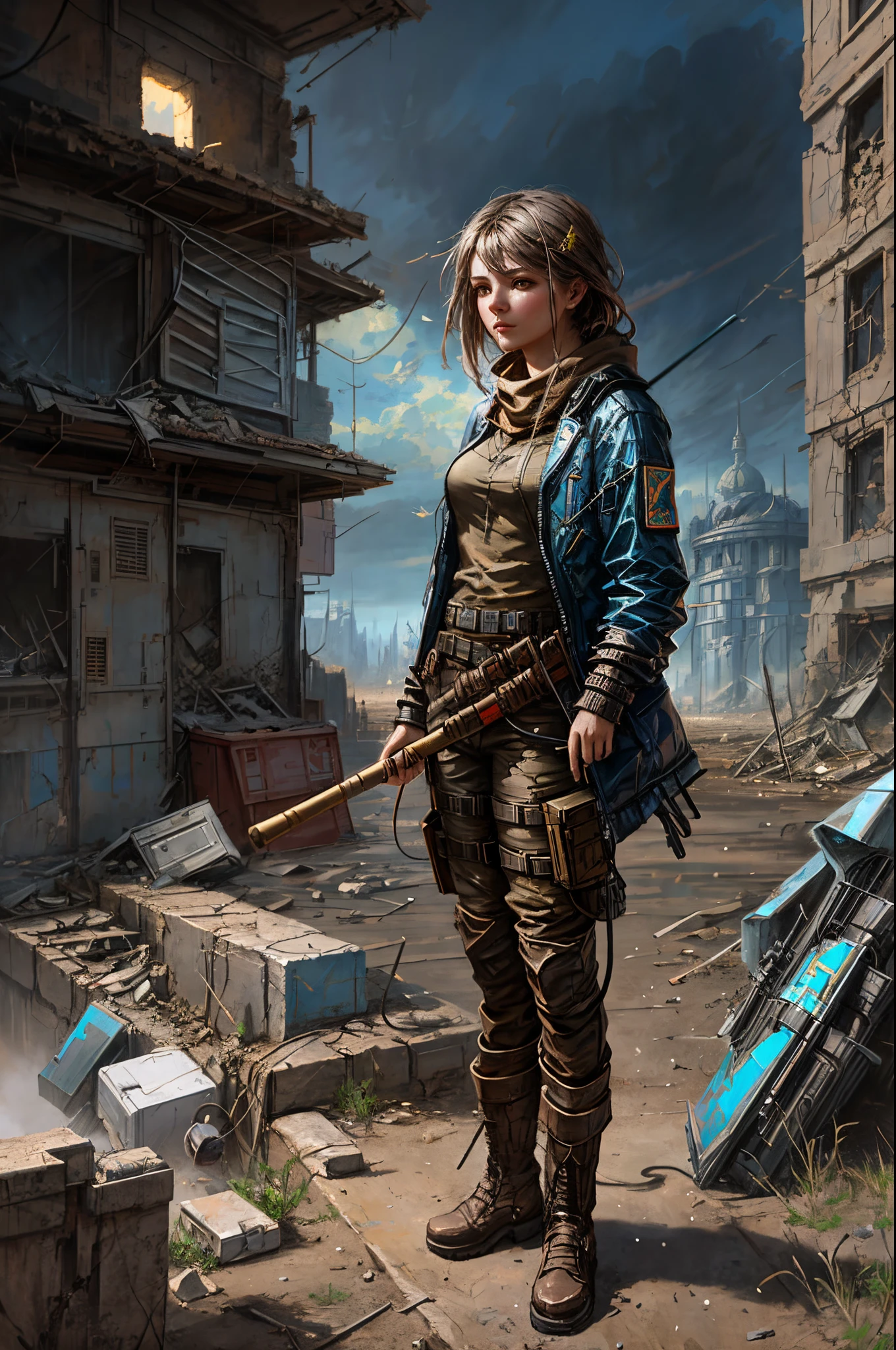 vivid colors, striking visual design, <lora:add_detail:0.75>, <lora:sharpen-soften:-0.2>, <lora:stylesqueeze_v2:0.25>, <lora:realistic:0.25>,
1 girl, adult (elven:0.7) woman, freckles, grey eyes, copper quiff hair,
solo, (full body:0.6), looking at viewer, detailed background, detailed face, (<lora:LunarPunkAI:0.6>, LunarPunkAI theme:1.1), battlefield-medic, calm, tattered military medic uniform, vest, army helmet, gloves, belt, red cross, first aid kit, wound dressing, blood , war torn ruined blasted building, debris in background, floating particles, ashes, danger, intense action, thunder clouds, urgency, cinematic atmosphere,