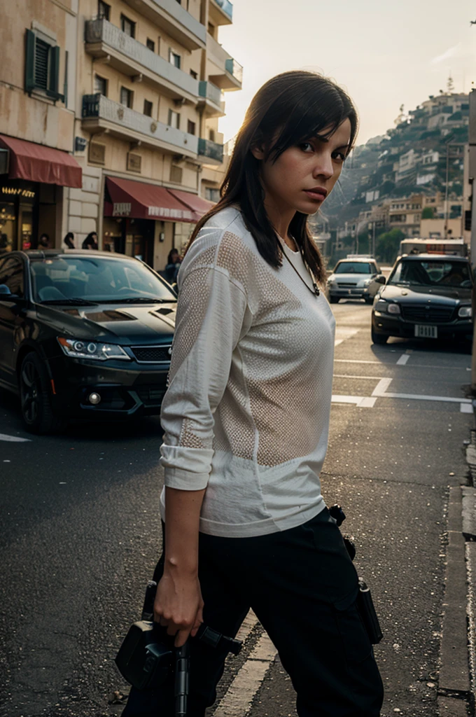 Airsoft player in the style of Grand Theft Auto from Monaco, standing close a car in Monaco city, let the background be like Monaco