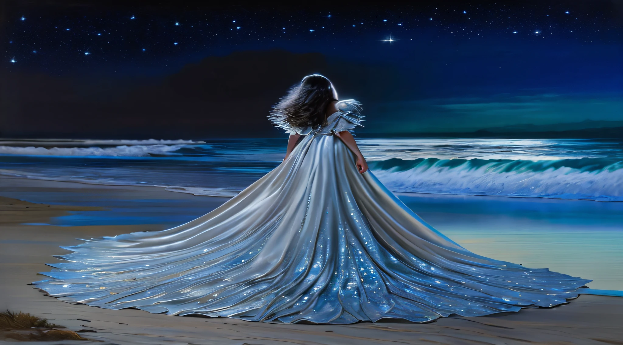 face hidden, painting of a woman in a long silver dress standing on a beach, jim warren, flowing gown, inspired by Christophe Vacher, inspired by Ruth Sanderson, fantasy dress, flowing dress, magical dress, karol bak uhd, beautiful fantasy art, by Nene Thomas, inspired by Cynthia Sheppard, darrell k sweet, inspired by Tim Hildebrandt