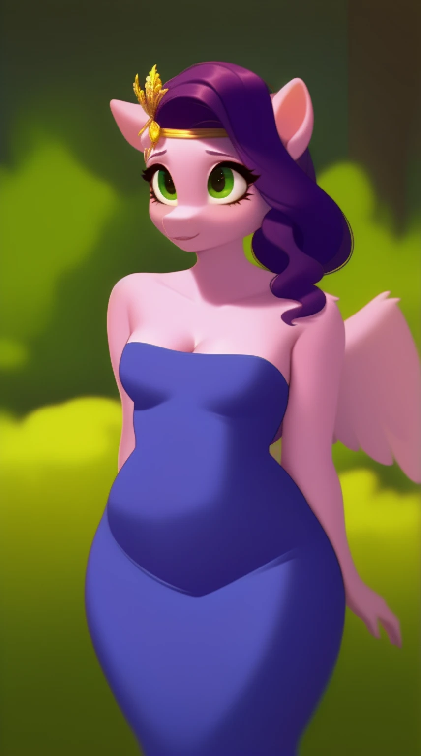 (Derpibooru_p_95)(score_9), (source_pony), (solo), (pegasus), ((anthro pipp petals :1.1)), (strapless bodycon dress), sexy, nervous , long hair, anatomically correct, night garden, standing near fountain, small breasts, half body, anime art style, solo, light purple fur, green eyes, arms behind back, hourglass figure, curvy, wide hips, plump body, young, short, chubby, cute, high res, thick thighs,