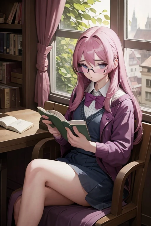 A pink haired woman with violet eyes with glasses is reading a book by a window