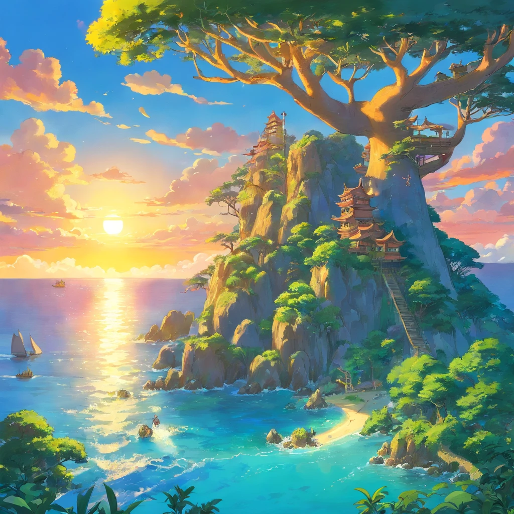 bay, sunset, monkeys in trees, mermaids in the bay, dragon in the sky