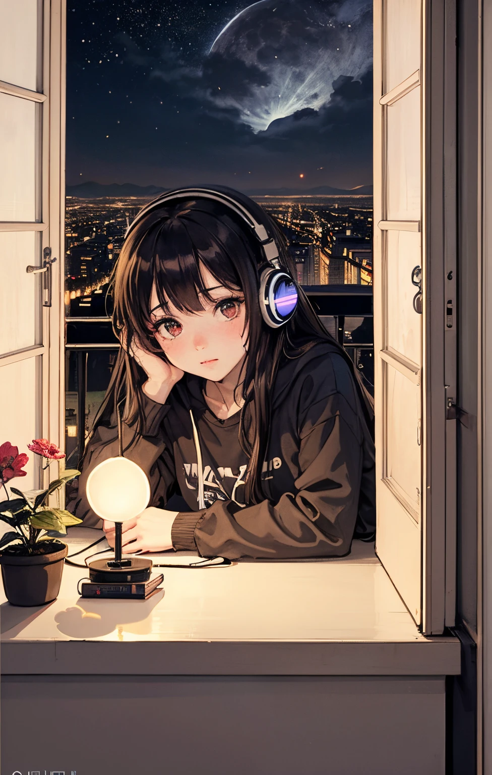 Girl with headphones enjoying music in a home I am studying Emphasize a little bit of the big chest Looking towards me with eyes closed Night Background