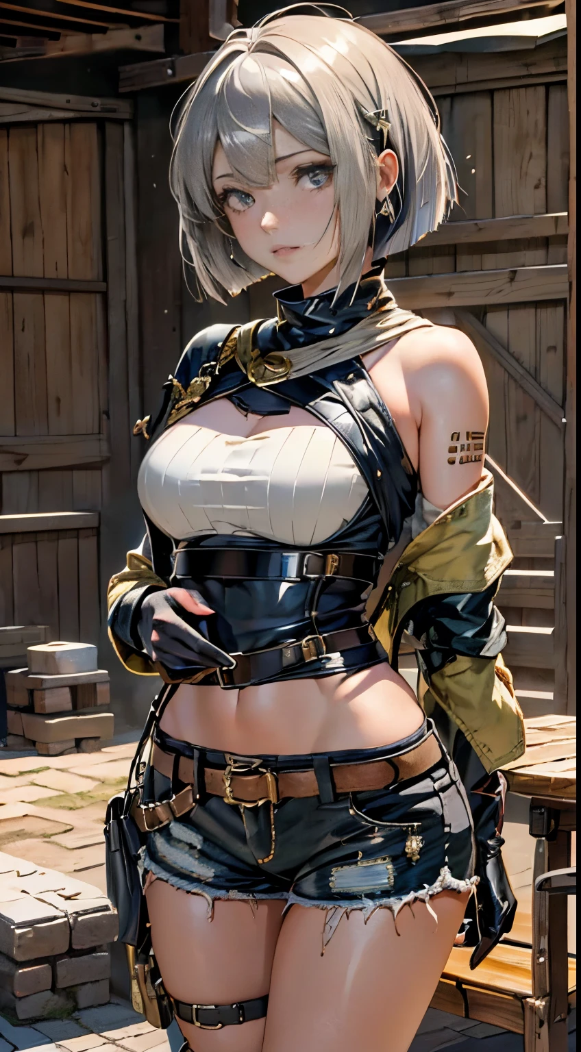 (masutepiece, Best Quality, Detailed shiny skin: 1.2), flawless, 8K, raw, High resolution, Upper body (1 girl: 1.3), lifelike textures, Torn clothes, ragged clothes, Ultra shorts, Soft, Drooping breasts, Bare shoulders, nabel, Areola, Gray hair, (Long Bob:1.3), Olive skin, face with high quality, Tight spaces, Dungeon, wounded, Chair,