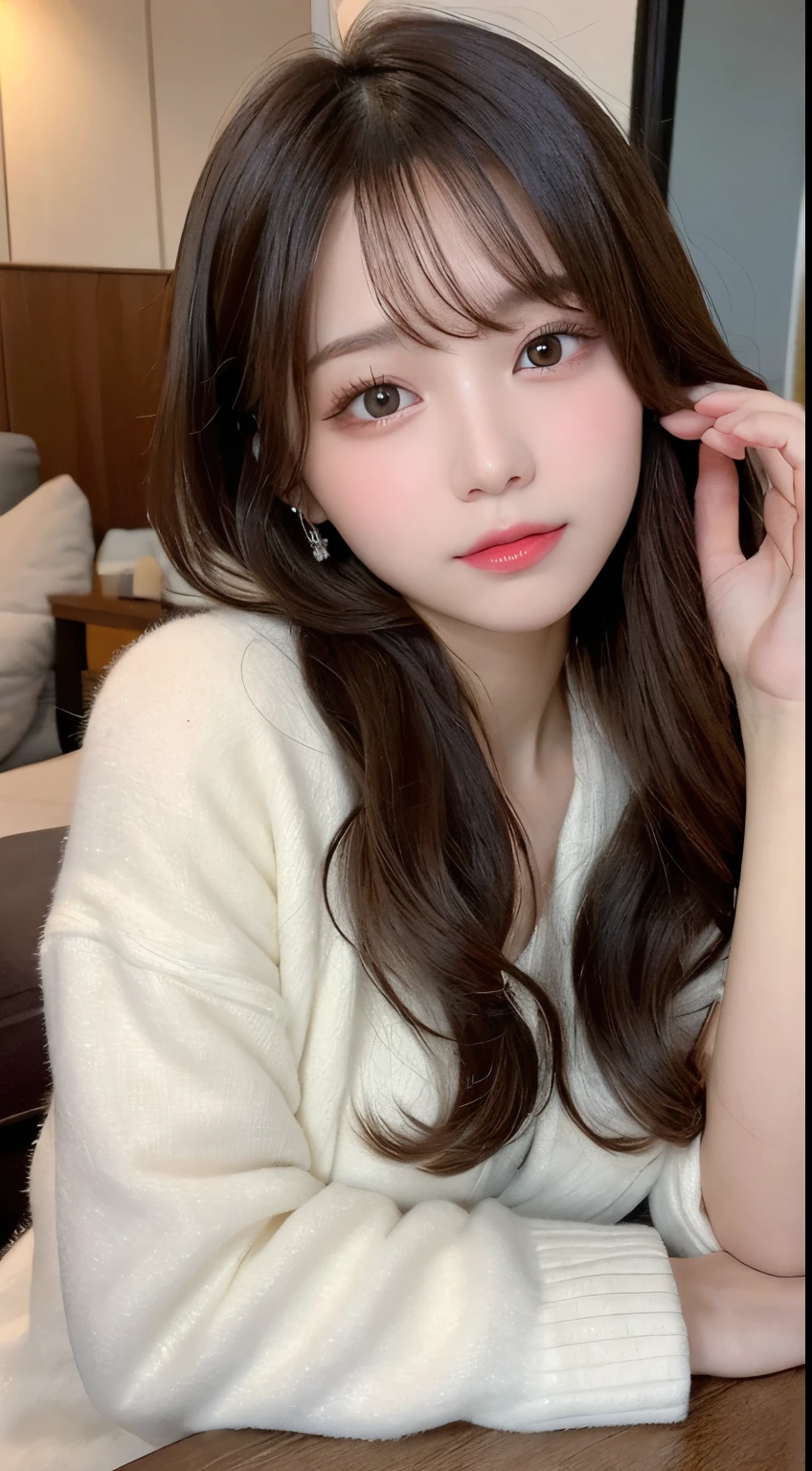 masutepiece, Best Quality, Illustration, Ultra-detailed, finely detail, hight resolution, 8K Wallpaper, Perfect dynamic composition, Beautiful detailed eyes, Fluffy and warm winter clothes,Cute hairstyles,small tits,Natural Color Lip, Bold sexy poses,Downcast expression,living room in luxury house、20 years girl、Cute、Sexy shot looking at camera,Blur the background,Perfect and beautiful face,Take only the face,beautiful and detailed face,Raw photo