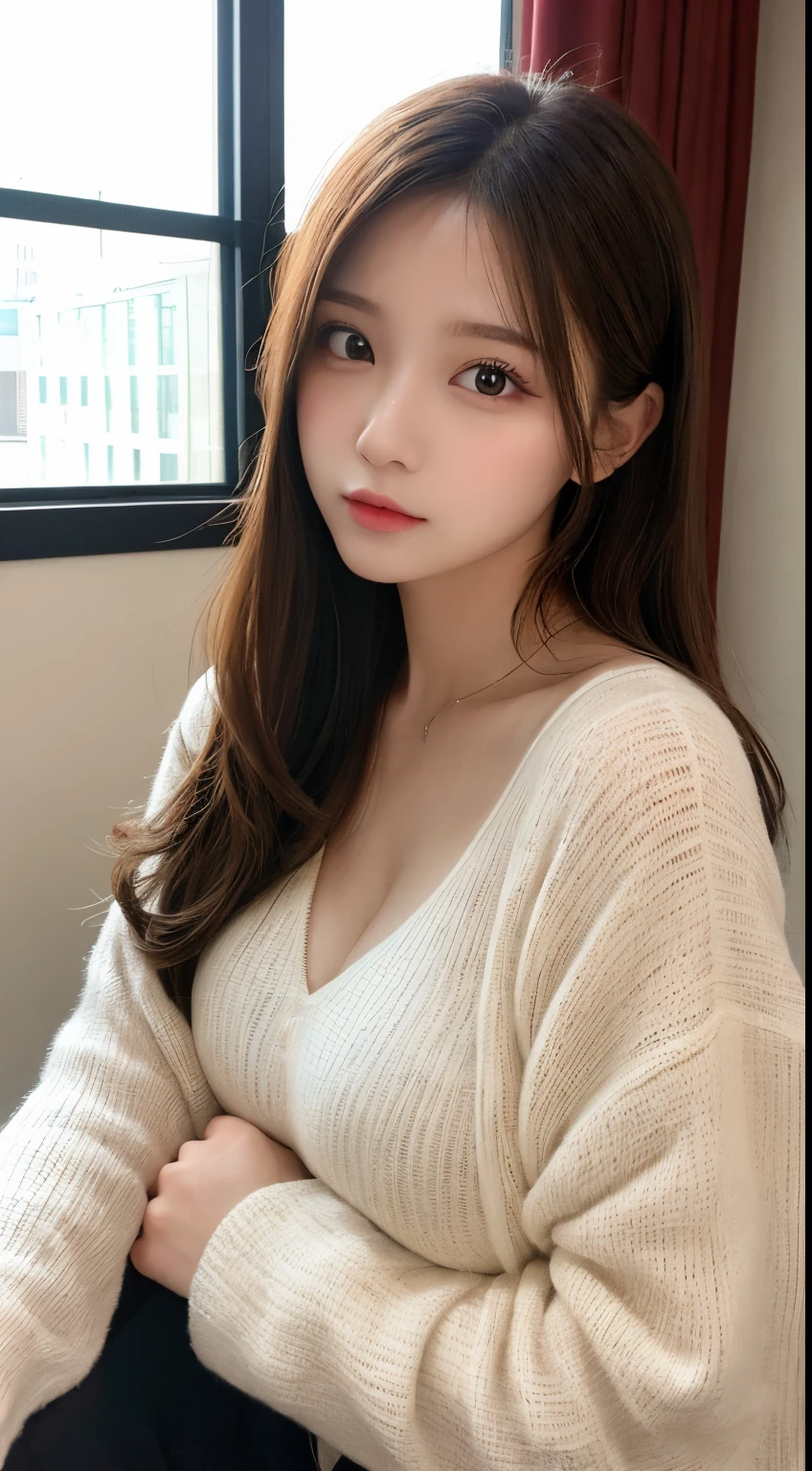 masutepiece, Best Quality, Illustration, Ultra-detailed, finely detail, hight resolution, 8K Wallpaper, Perfect dynamic composition, Beautiful detailed eyes, Fluffy and warm winter clothes,Cute hairstyles,small tits,Natural Color Lip, Bold sexy poses,Downcast expression,living room in luxury house、20 years girl、Cute、Sexy shot looking at camera,Blur the background,Perfect and beautiful face,Take only the face,beautiful and detailed face,Raw photo