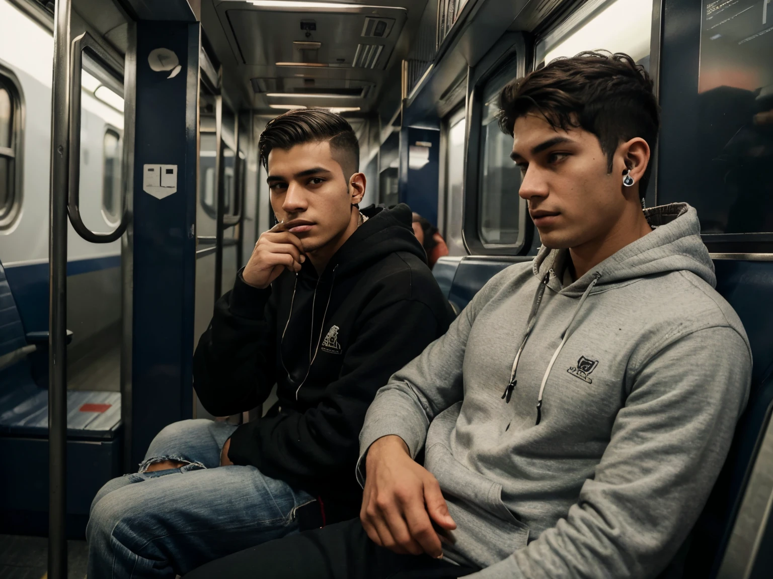 arafed man wearing earphones and a black hoodie sitting in a train, mateus 9 5, taken in the early 2020s, style of seb mckinnon, 18 years old, he is about 20 years old, he is about 2 0 years old, sat down in train aile, clean shaven wide face, 1 9 years old, indian
