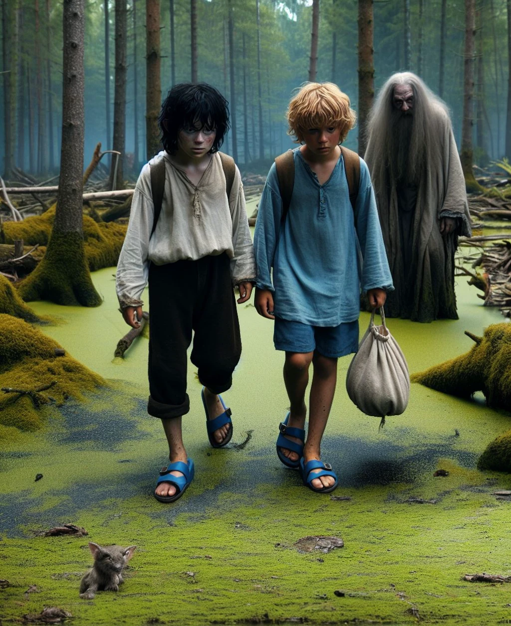 A scary fairy-tale swamp, around the forest, two sad, frightened, tired teenagers in blue sandals are walking through the swamp, there is moss and swamp under their feet, a black-haired twelve-year-old teenager in a white long-sleeve shirt and black trousers who looks like Frodo Baggins, and a fair-haired teenager in a blue short-sleeve shirt sleeve and blue shorts, similar to Samwise Gamjiko who in his hand holds a small linen bag, next to them stands a small hairy scary old man spirit, dressed in a gray sheepskin coat, with the tails curved to the right side, green hair combed to the left falling on his broad shoulders, around from small swamp creatures caught in the swamp, night, fireflies, moon, clouds, stars, magic, mysticism, 3D rendering, digital painting, high detail