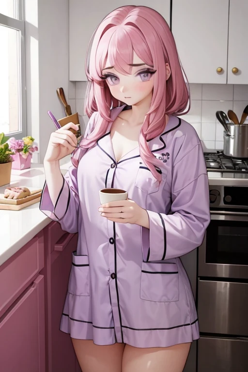 A pink haired woman with violet eyes is  eating a cookie in the kitchen in pajamas