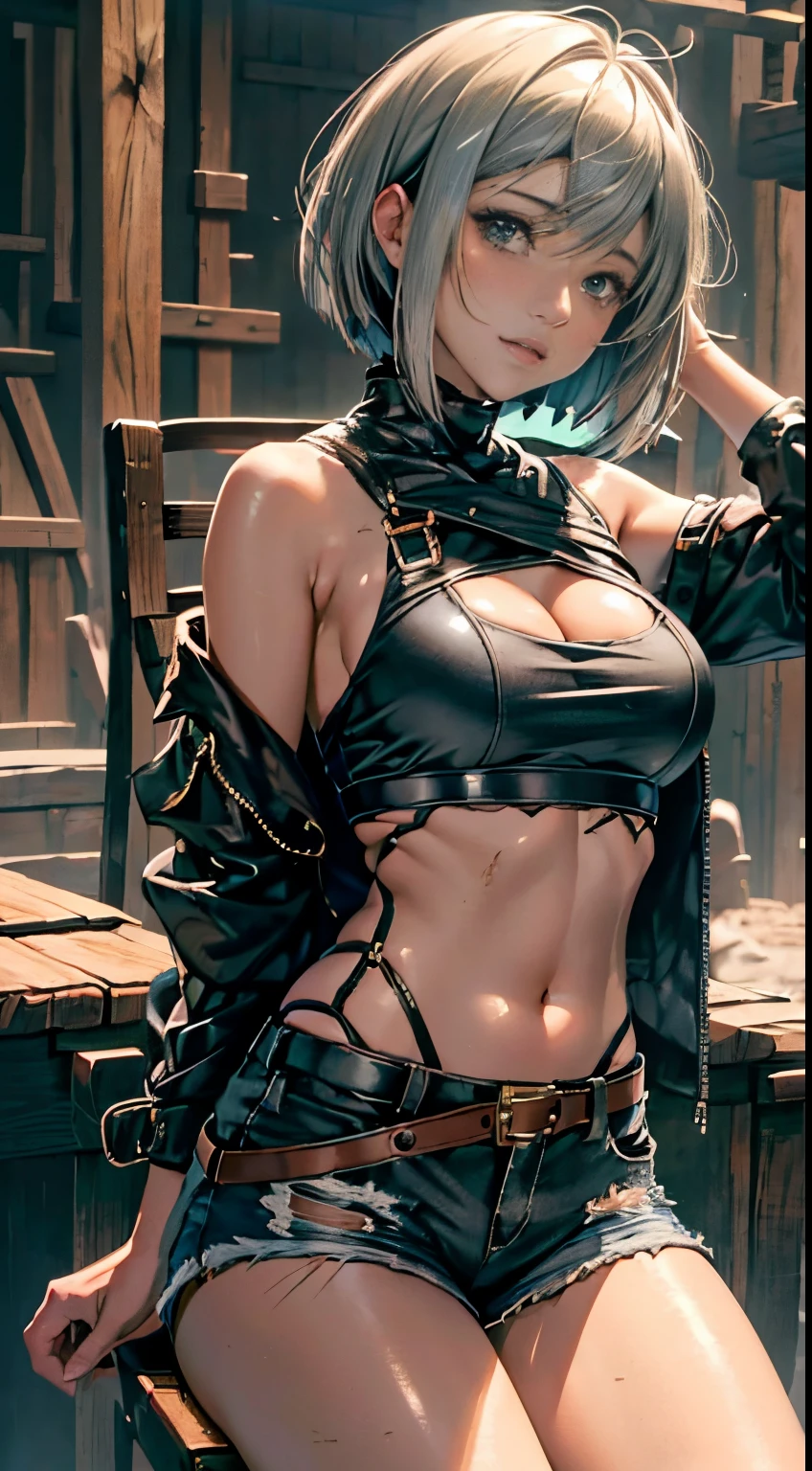 (masutepiece, Best Quality, Detailed shiny skin: 1.2), flawless, 8K, raw, High resolution, Upper body (1 girl: 1.3), lifelike textures, Torn clothes, ragged clothes, Ultra shorts, Soft, Drooping breasts, Bare shoulders, nabel, Areola, Gray hair, (Long Bob:1.3), Olive skin, face with high quality, Tight spaces, Dungeon, wounded, Chair,