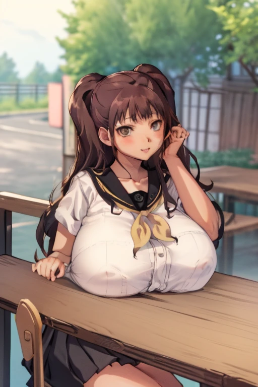 masterpiece, best quality, highres,
rural japan, japanese architecture in the background, smile,
1girl, solo, looking at viewer, breast rest,
kujikawarise, long hair, (large breasts:1.6), twintails, bangs, 
skirt, collarbone,  school uniform, white shirt,  shirt,  short sleeves, pleated skirt, serafuku, black skirt, sailor collar, neckerchief, black sailor collar, yellow neckerchief, yasogami school uniform, earringuttons popping off shirt)