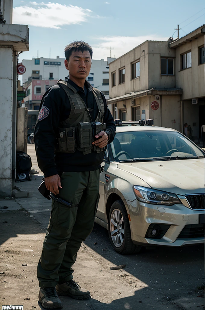 Airsoft player in the style of Grand Theft Auto from Mongolia, standing close a car in Mongolia city, let the background be like Mongolia