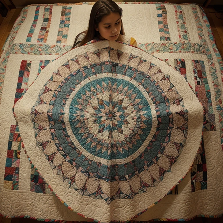 This image showcases a handmade quilt crafted from various fabric pieces, symbolizing the deep significance of these quilts as representations of familial history and identity.   These quilts tie the characters to their roots, emphasizing their rich cultural heritage.