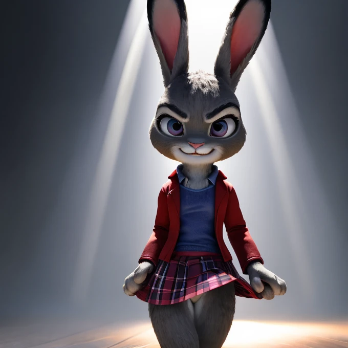 Solo, female, judy hopps, small body, upskirt, vagina, standing, smile, (angry) bunny hands, perfect hands, five fingers on hands, high quality, hyper detailed, 4k, realistic lights, realistic shadows, 3d, unreal engine