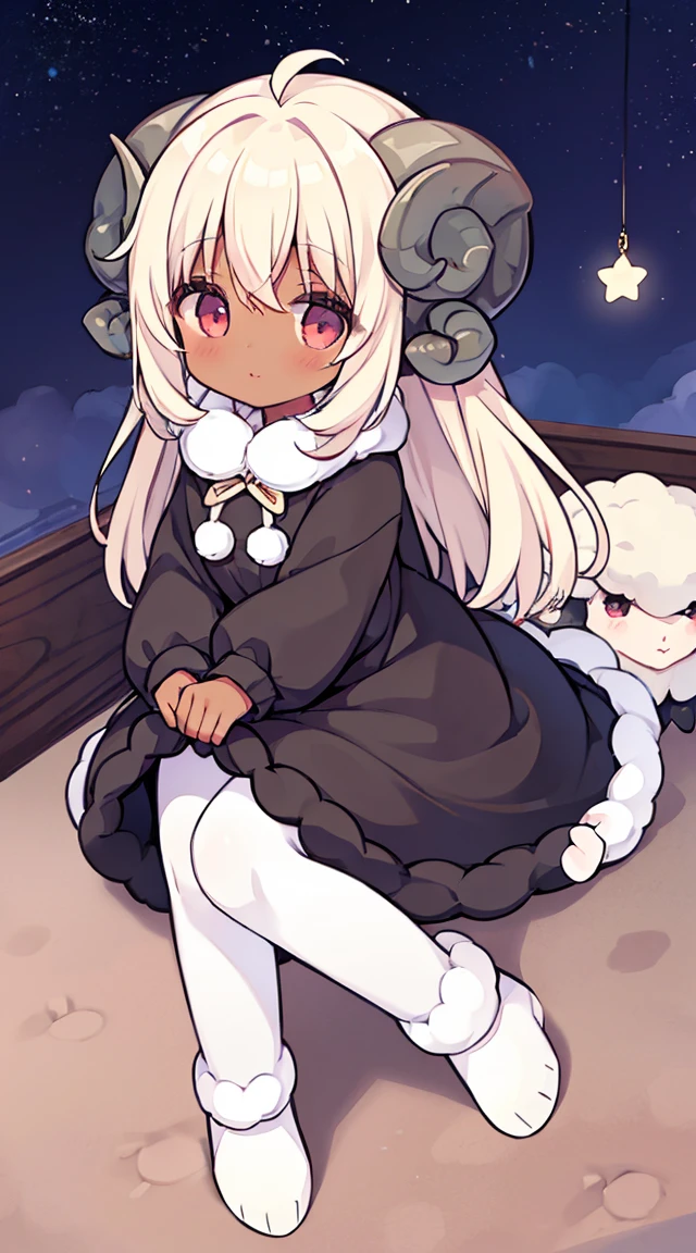 (sheep girl:1.5), (sheep horn:1), 1female, dark-skinned female, kemonomimi, fluffy sweaterdress, black and white clothing, fluff lining, long sandy blonde hair, pastel pink eyes, star patterns on clothing, nightsky bedroom bg, (((full body)))