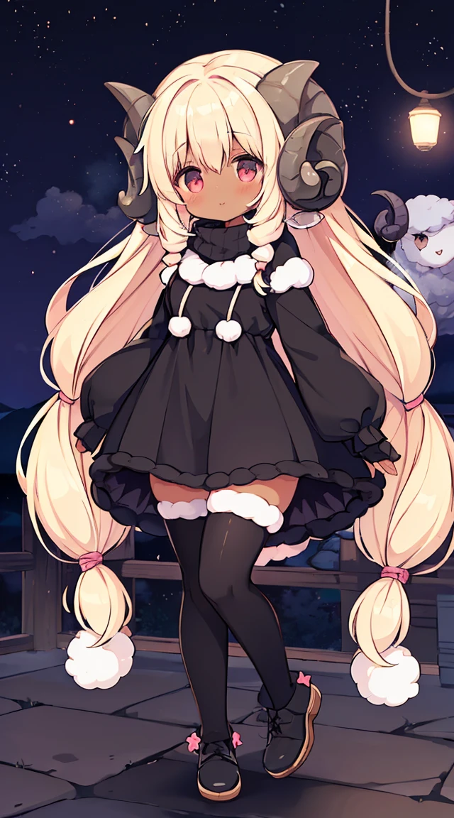 (sheep girl:1.5), (sheep horn:1), 1female, dark-skinned female, kemonomimi, fluffy sweaterdress, black and white clothing, fluff lining, long sandy blonde hair, pastel pink eyes, star patterns on clothing, nightsky bedroom bg, (((full body)))