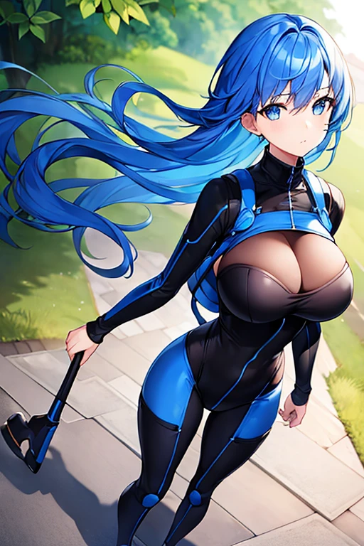 1girl, breasts, large breasts, wide hips, blue hair,very shoet hair, pixie cut, bodysuit, black bodysuit, blue trim, standing, walking,