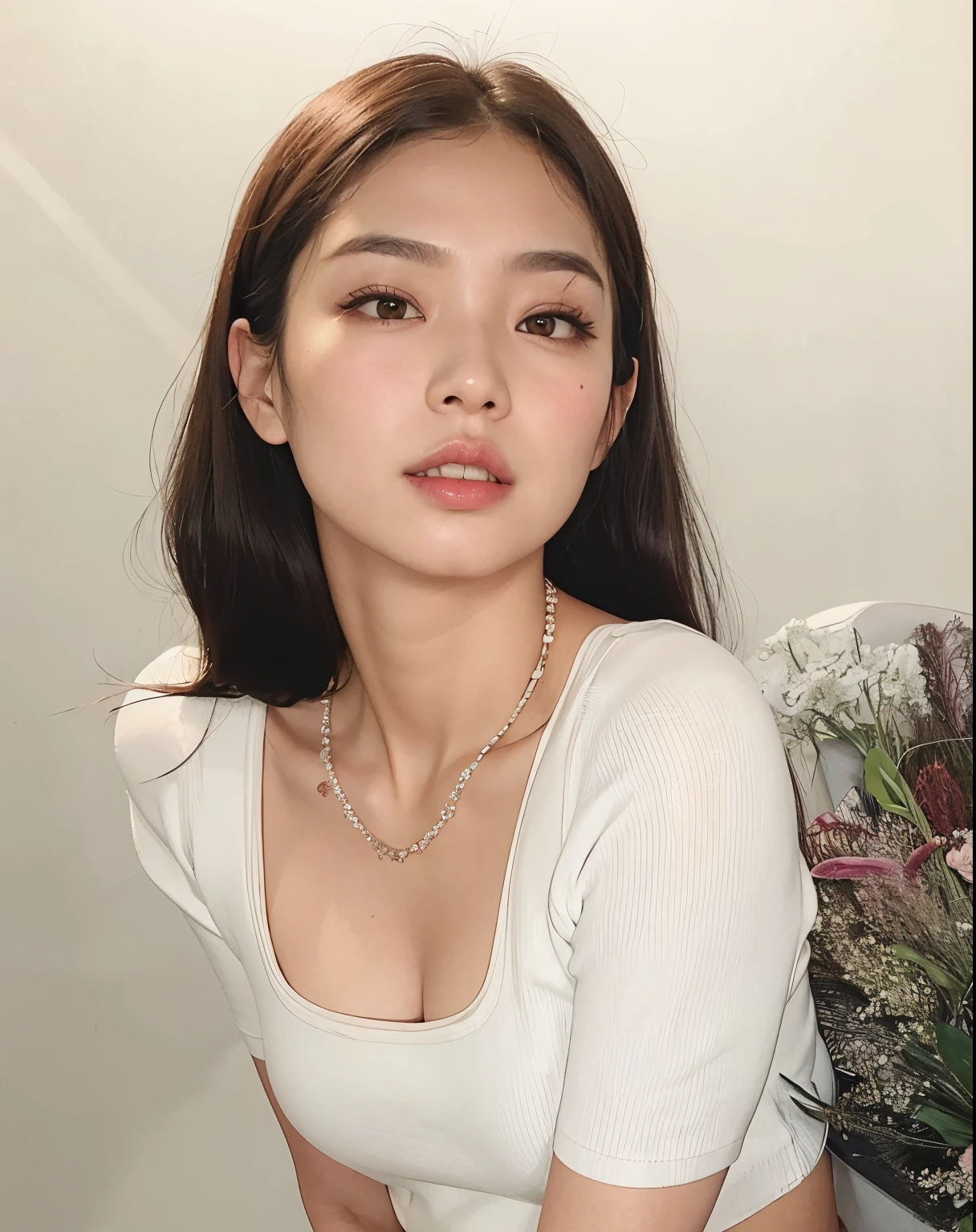 There's a woman sitting on a chair with a bouquet of flowers, linda mulher coreana jovem, mulher coreana jovem bonita, Mulher sul-coreana bonita, Heonhwa Choe, jennie blackpink, Jaeyeon Nam, Lee Ji - Eun, Lee Ji-eun, coreana, Kim Doyoung, TaeJune Kim, Gongbi, atriz da Coreia
