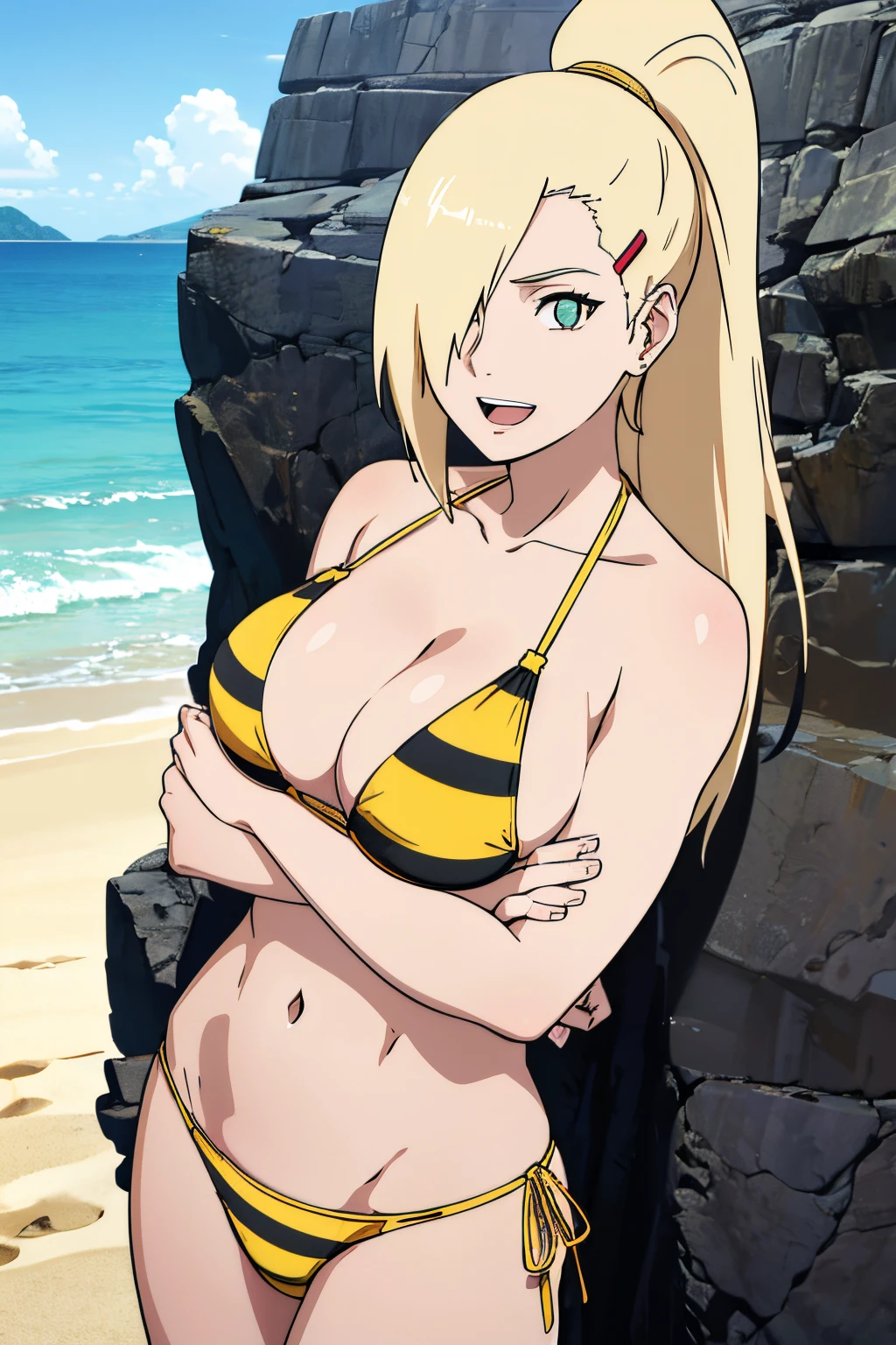 Ino yamanaka, cowboy shot, ultra detailed face, sunny day, day time, upper body view, anime style, solo, (yellow bikini with black stripes only), detailed beach side, , medium breasts,, ((one eye covered with hair, hair over eye)), looking at the viewer, thick arms, off-shoulders, hidden eye, long belly, smile, open mouth, very happy, tall, hair clip, sharp look, sharp face, sharp eye, long neck, groin, hands waving