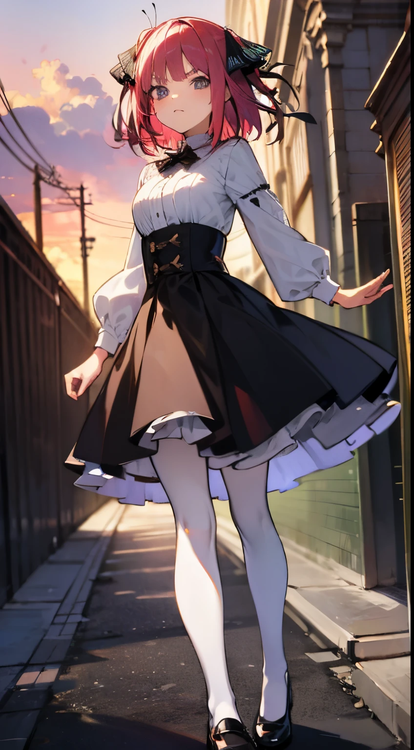 anime girl, looks at viewer, tokyo, pink hair, two black and blue butterfly bows, White tights, elegant dress, short hair, anime Japan, sunset, closed mouth, angry, tights, gothic