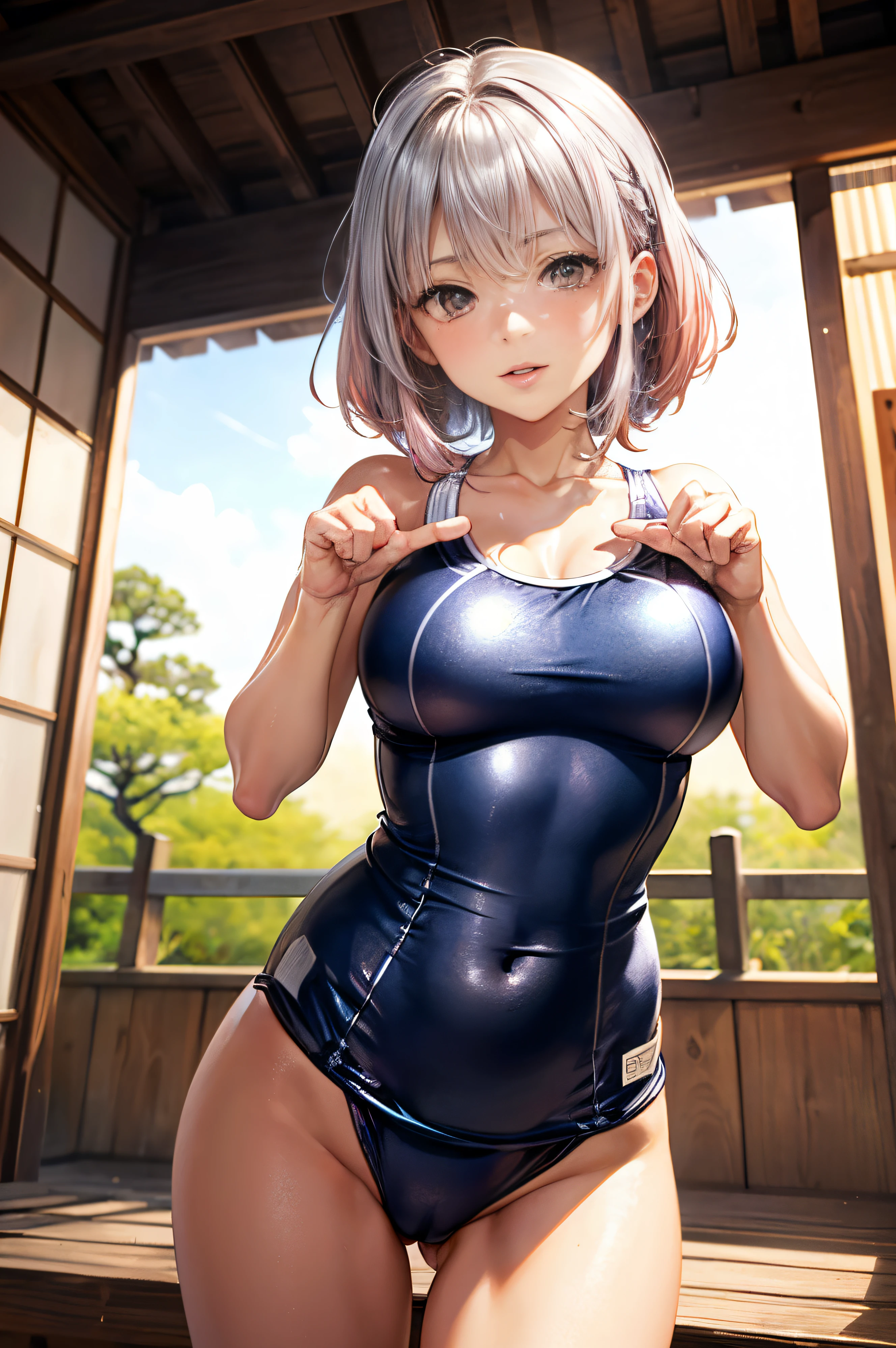 (female high-school student), NSFW, ((Metallic costume:1.5)), ((Anatomically correct hand:1.5)), Anime, Sexy, ((In Kyoto Animation Style:1.5)), super precision, masterpiece, very extremely beautiful, Princess Face, ((1人の女性)), ((Solo:1.5)), ((Pink hair:1.5)), ((BobKat 1.5)), BREAK, ((Black eyes)), short-cut, ((Straight hair)), BREAK, Full limbs, ((complete fingers:1.5)), ((silver school swimsuit:1.5)), BREAK, ((Skindentation)), Professional Lighting, (25-years old), Narrow waist, Shiny skin (Brown skin), ((Oiled skin)), glistning skin, Looking at Viewer, Cowboy Shot, ((Dynamic Pose:1.5)), Looking at the camera, Sexy, A slight smil, Slightly open mouth, Ultra-fine eyes, Ultra-fine face, ((thin lips:1.5)), Sexy, ((drooping eyes)), A slight smil, Sexy, ((portlate:1.5)), faces, Sexy, Looking at the camera, Colossal tits, under your cute face), ((Hands down)), (From below), (Swimsuit is silver),