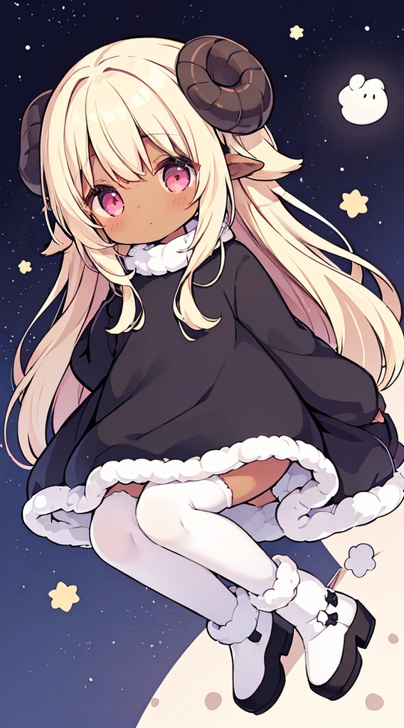 (sheep girl:1), (sheep horn:1), 1female, dark-skinned female, kemonomimi, fluffy sweaterdress, black and white clothing, fluff lining, long sandy blonde hair, pastel pink eyes, star patterns on clothing, nightsky bedroom bg, (((full body)))