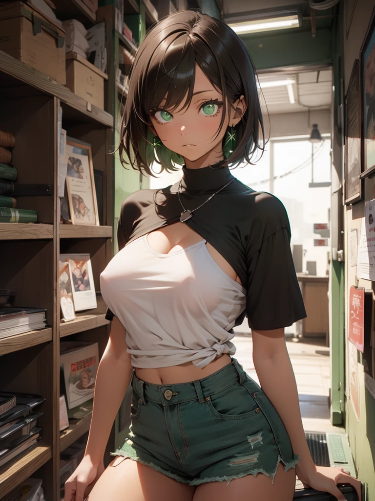 Brown hair, short hair, shaved on one side, (green Eyes:1.4), (large breasts:1.5) (erectile nipples:1.1), short jeans, up t-shirt, no panties, BREAK indoors, student room, light particles, view for behind, BREAK looking at viewer, BREAK (masutepiece:1.3), Best Quality, High resolution, Unity 8k壁纸, (Illustration:0.8), (Beautiful detailed eyes:1.6), extra detailed face, Perfect Lighting, extremely details CG, (Perfect hands, Perfect Anatomy),