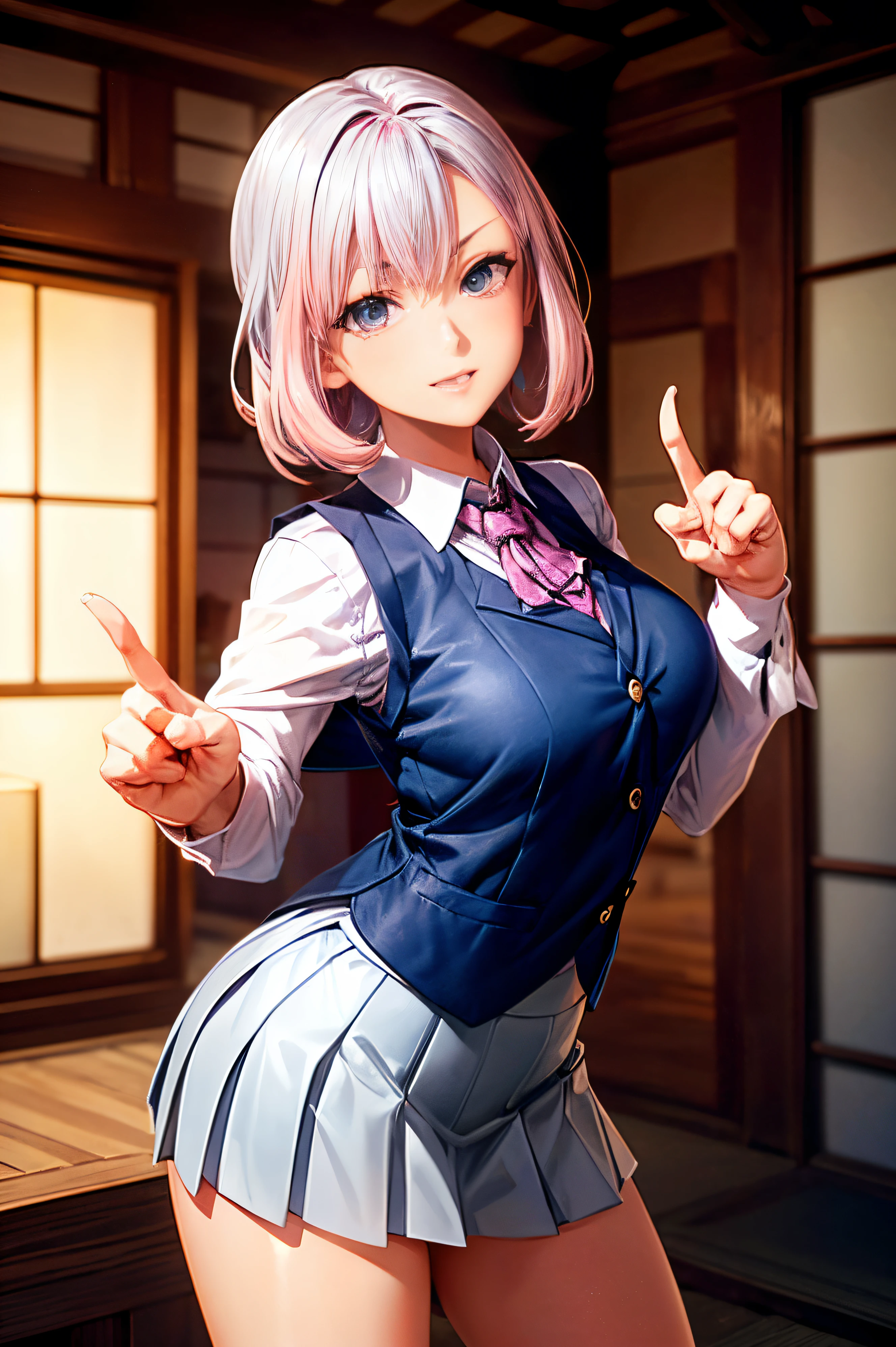 (female high-school student), NSFW, ((Metallic costume:1.5)), ((Anatomically correct hand:1.5)), Anime, Sexy, ((In Kyoto Animation Style:1.5)), super precision, masterpiece, very extremely beautiful, Princess Face, ((1人の女性)), ((Solo:1.5)), ((Pink hair:1.5)), ((BobKat 1.5)), BREAK, ((Black eyes)), short-cut, ((Straight hair)), BREAK, Full limbs, ((complete fingers:1.5)), ((silver uniform vest:1.5)), ((Dark blue pleated skirt:1.5))BREAK, ((Skindentation)), Professional Lighting, (25-years old), Narrow waist, Shiny skin (Brown skin), ((Oiled skin)), glistning skin, Looking at Viewer, Cowboy Shot, ((Dynamic Pose:1.5)), Looking at the camera, Sexy, A slight smil, Slightly open mouth, Ultra-fine eyes, Ultra-fine face, ((thin lips:1.5)), Sexy, ((drooping eyes)), A slight smil, Sexy, ((portlate:1.5)), faces, Sexy, Looking at the camera, Colossal tits, kawaii faces, ,((Absolute area)), (frombelow), ((Hands down)),