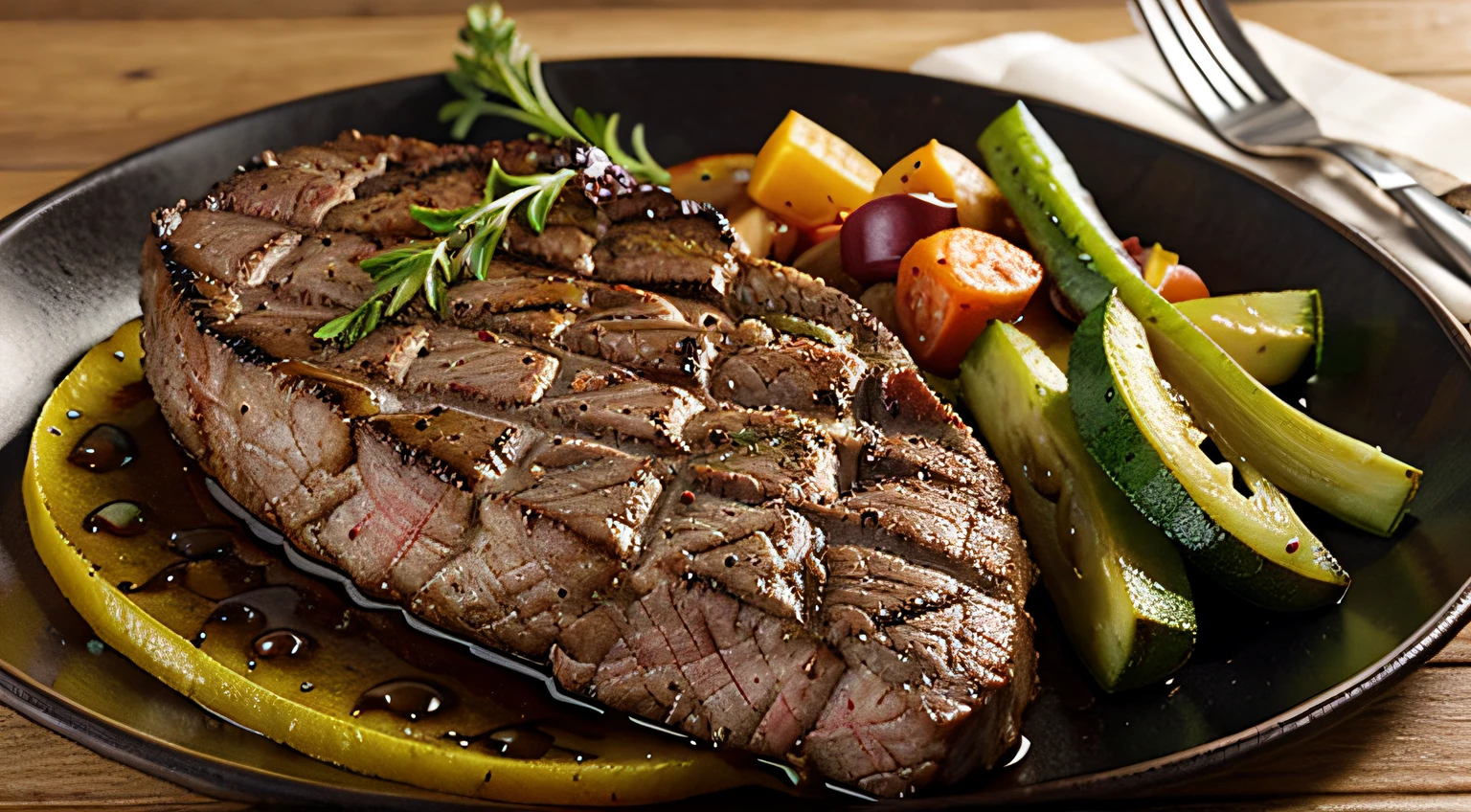 Prepared beef steak with vegetable decoration