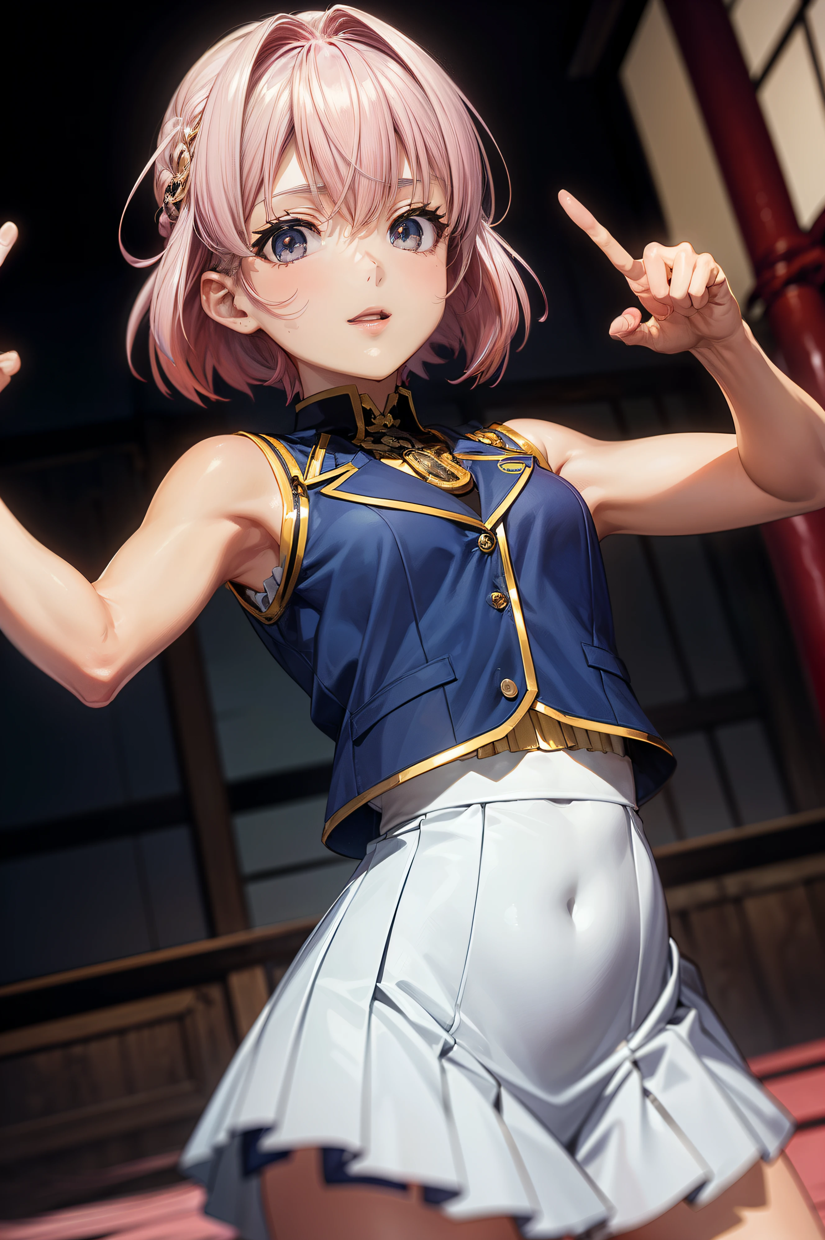(female high-school student), NSFW, ((Metallic costume:1.5)), ((Anatomically correct hand:1.5)), Anime, Sexy, ((In Kyoto Animation Style:1.5)), super precision, ​masterpiece, very extremely beautiful, Princess Face, ((1人の女性)), ((Solo:1.5)), ((Pink hair:1.5)), ((BobKat 1.5)), BREAK, ((Black eyes)), short-cut, ((Straight hair)), BREAK, Full limbs, ((complete fingers:1.5)), ((silver uniform vest:1.5)), ((Dark blue pleated skirt:1.5))BREAK, ((Skindentation)), Professional Lighting, (25-years old), Narrow waist, Shiny skin (Brown skin), ((Oiled skin)), glistning skin, Looking at Viewer, Cowboy Shot, ((Dynamic Pose:1.5)), Looking at the camera, Sexy, A slight smil, Slightly open mouth, Ultra-fine eyes, Ultra-fine face, ((thin lips:1.5)), Sexy, ((drooping eyes)), A slight smil, Sexy, ((portlate:1.5)), faces, Sexy, Looking at the camera, Colossal tits, kawaii faces, ,((Absolute area)), (frombelow), ((Hands down)),