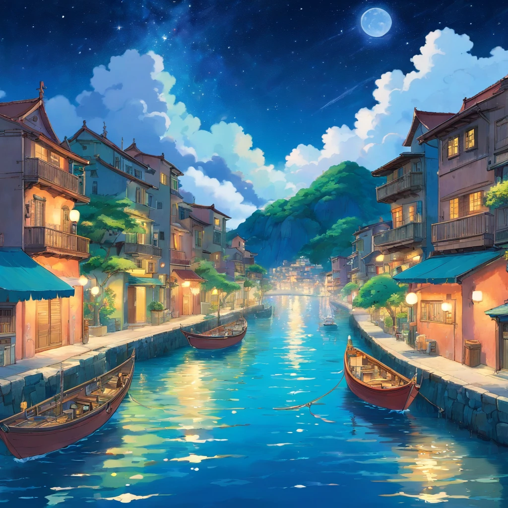 starry sky, full moon, island city, tropical, Italian stone architecture, fishing boats, pre-industrial