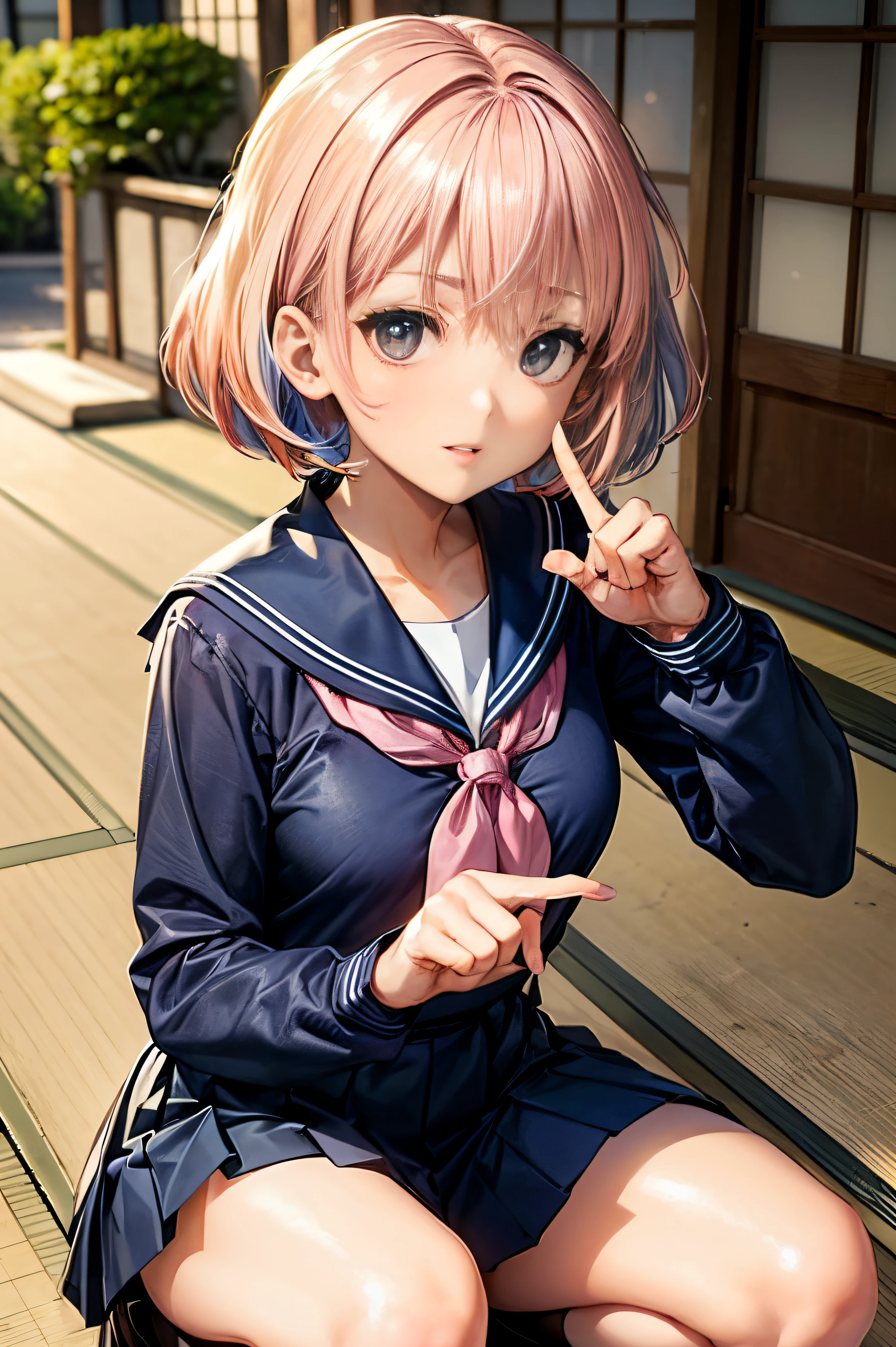 (female high-school student), NSFW, ((Metallic costume:1.5)), ((Anatomically correct hand:1.5)), Anime, Sexy, ((In Kyoto Animation Style:1.5)), super precision, ​masterpiece, very extremely beautiful, Princess Face, ((1人の女性)), ((Solo:1.5)), ((Pink hair:1.5)), ((BobKat 1.5)), BREAK, ((Black eyes)), short-cut, ((Straight hair)), BREAK, Full limbs, ((complete fingers:1.5)), ((Navy blue long-sleeved sailor suit:1.5)), ((Dark blue pleated skirt:1.5))BREAK, ((Skindentation)), Professional Lighting, (25-years old), Narrow waist, Shiny skin (Brown skin), ((Oiled skin)), glistning skin, Looking at Viewer, Cowboy Shot, ((Dynamic Pose:1.5)), Looking at the camera, Sexy, A slight smil, Slightly open mouth, Ultra-fine eyes, Ultra-fine face, ((thin lips:1.5)), Sexy, ((drooping eyes)), A slight smil, Sexy, ((portlate:1.5)), faces, Sexy, Looking at the camera, Colossal tits, ((Squatting)), kawaii faces, ,((Absolute area)), ((Lower your arms)),